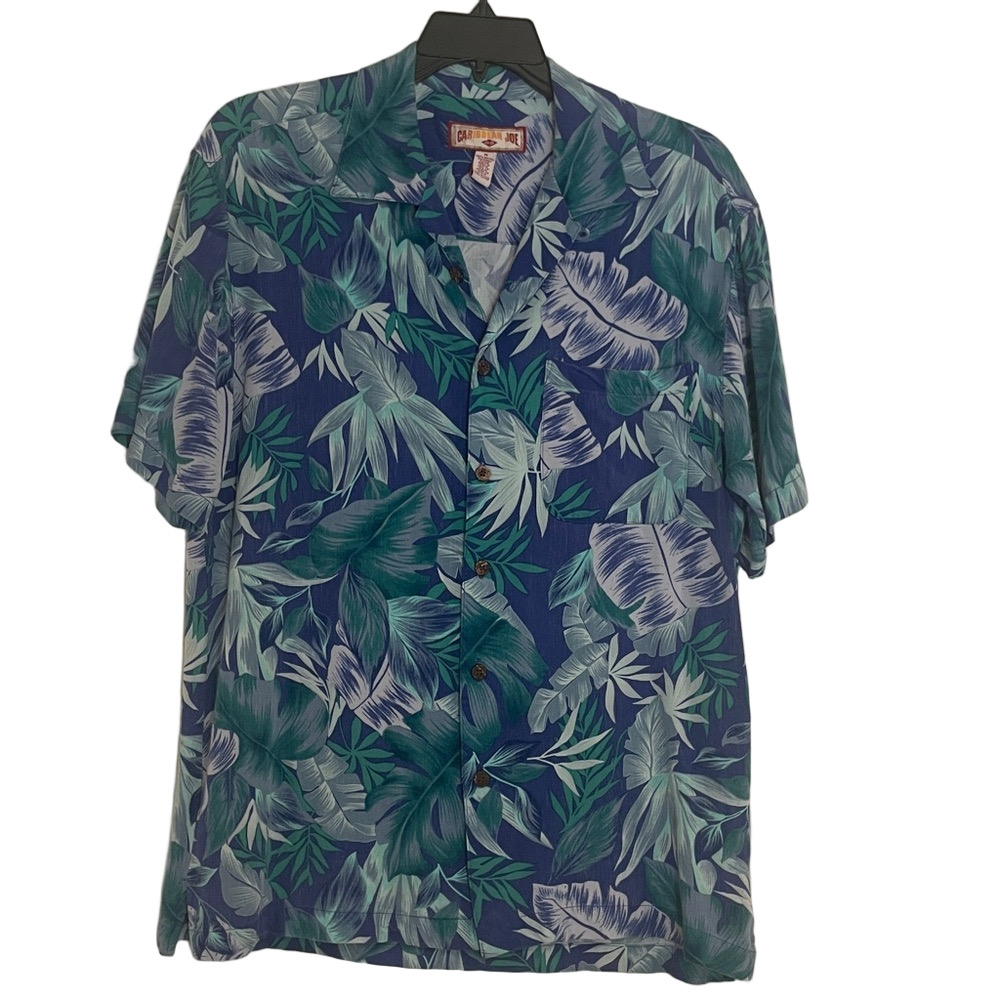 CARIBBEAN JOE MED Tropical Blue/Green Hawaiian Men’s Preworn Excellent Condition